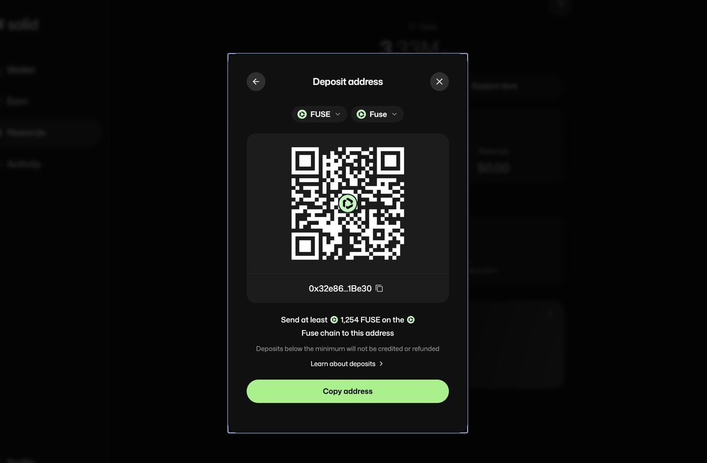 Deposit address for FUSE on the Fuse chain with QR code and minimum amount