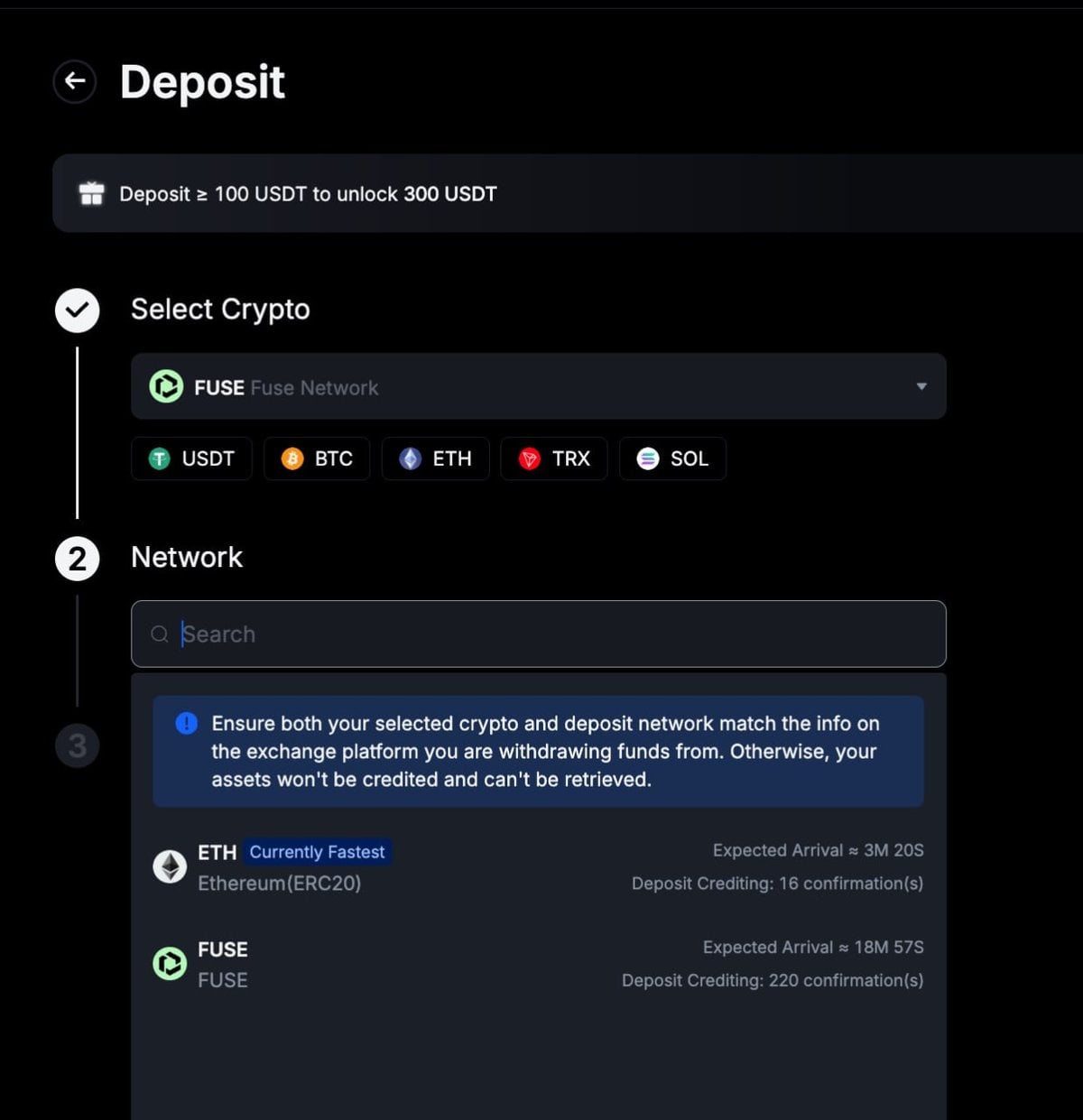 MEXC withdrawal screen: select FUSE and the FUSE network, not Ethereum ERC20