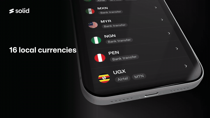 Local currency deposits in Solid: 16 currencies, fund your card in your currency, powered by TransFi