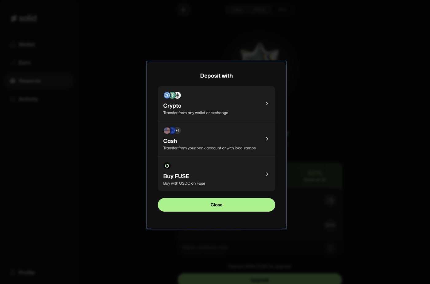 Deposit with: Crypto, Cash or Buy FUSE