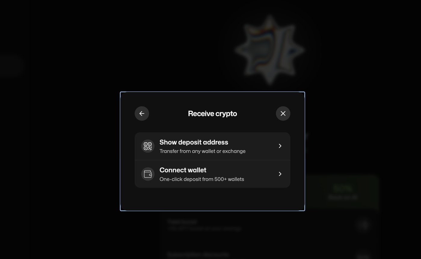 Receive crypto: Show deposit address or Connect wallet